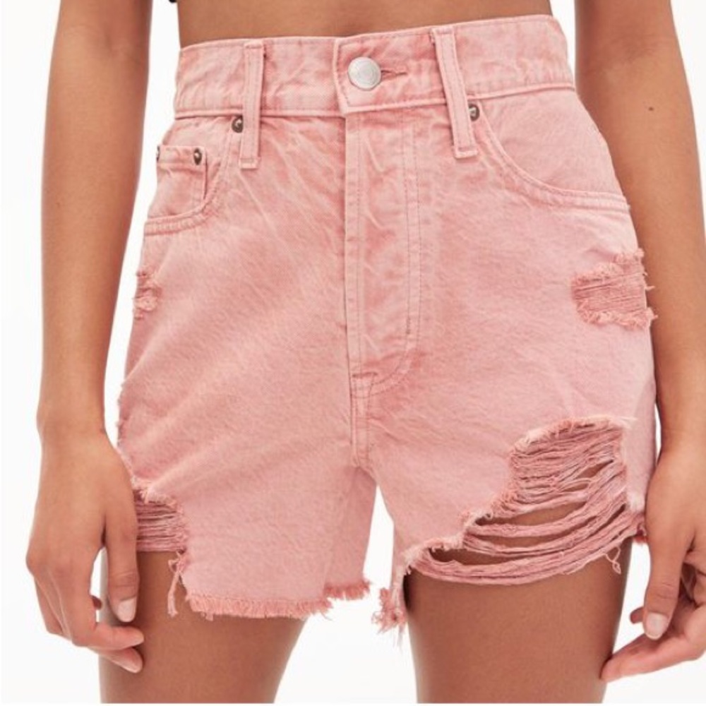 Aero 90s High Rise Cut Off Distressed Denim Shorts Salmon Coral